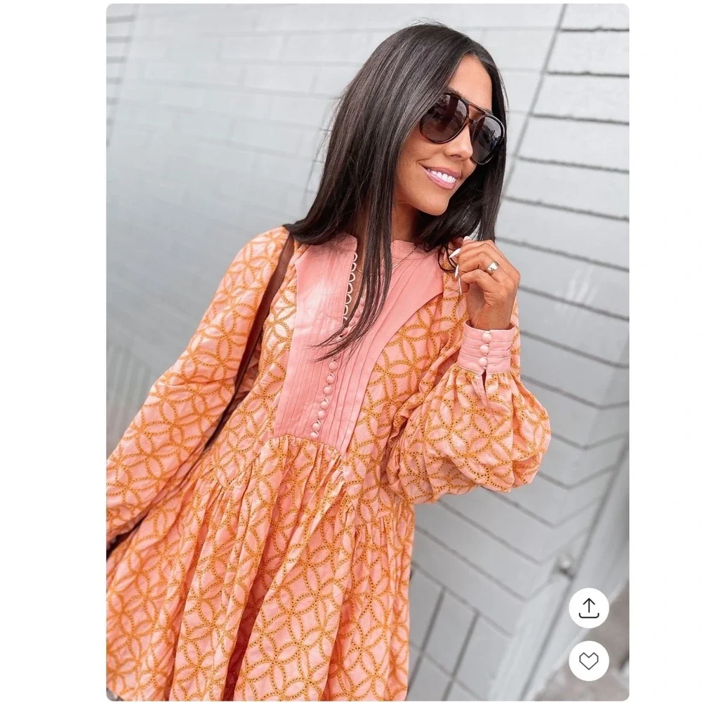 Aox Women Peach Orange Geometric Mini Dress Long Sleeve Pleated Bib Size M NWOT - Picture 2 of 11